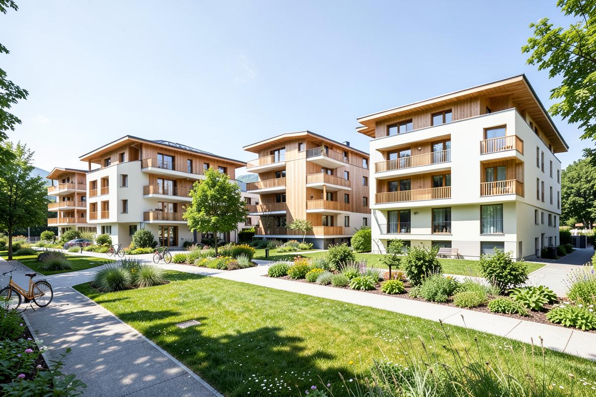 Fertige Mehrfamilienüberbauung mit Holzakzenten und Gartenanlage
