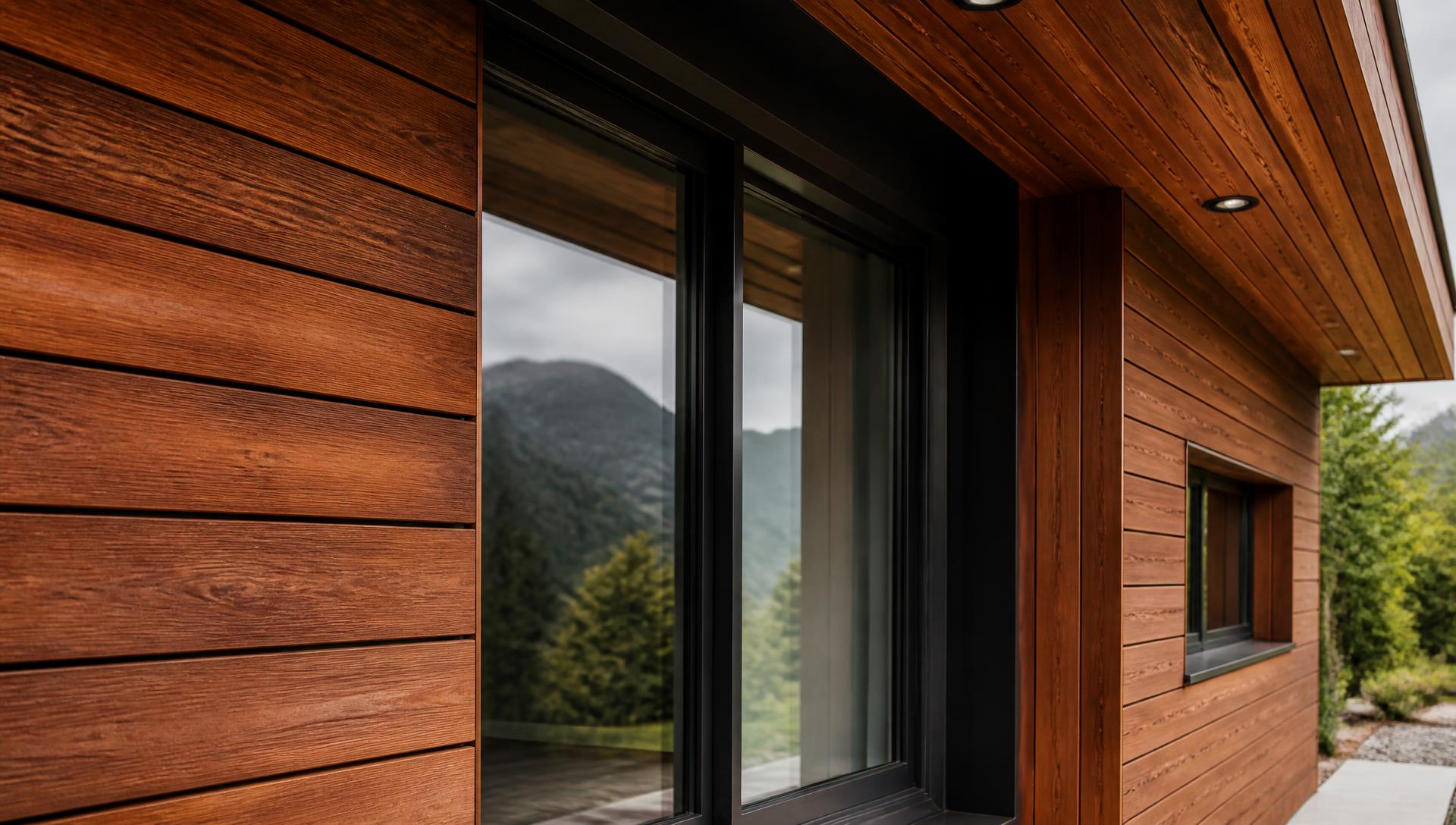 Architektonisches Detail einer Holzfassade mit grossflächigem Fenster und Bergspiegelung