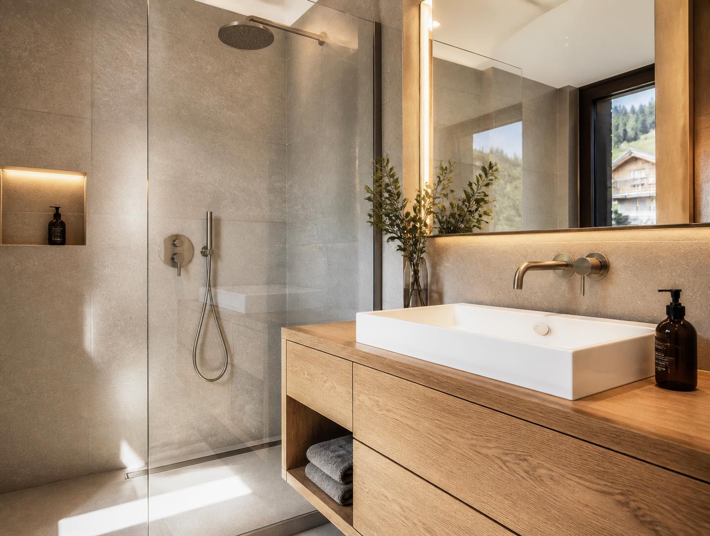 Neues, helles Badezimmer mit bodenebener Dusche